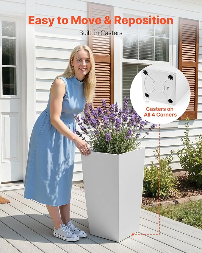 VEVOR 30 inch Tall Planters for Outdoor Plants Set of 2, White Tall Planter for Indoor Plants, Modern Large Planters for Front Porch Patio Balcony, Plant Container Flower Pots with Built-in Drainage