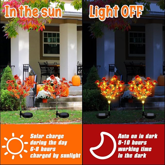 2 Pack Solar Stake Lights Outdoor Decor Waterproof Mums Artificial Flowers Solar Lights for Outdoor Garden Yard Pathway Decor (Orange,Violet)
