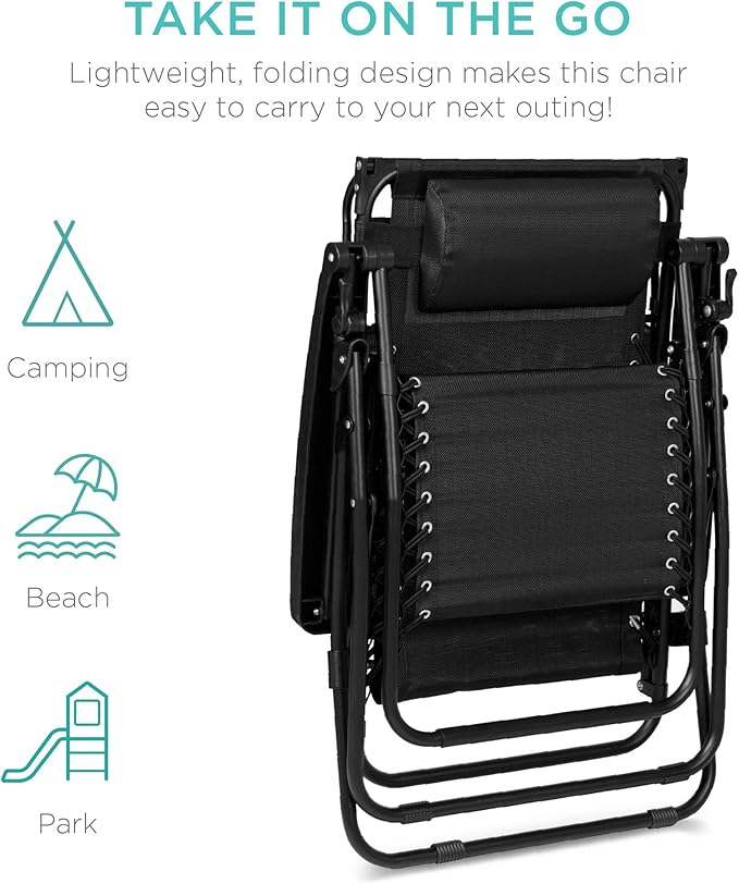 Best Choice Products Folding Zero Gravity Outdoor Recliner Patio Lounge Chair w/Adjustable Canopy Shade, Headrest, Side Accessory Tray, Textilene Mesh - Black