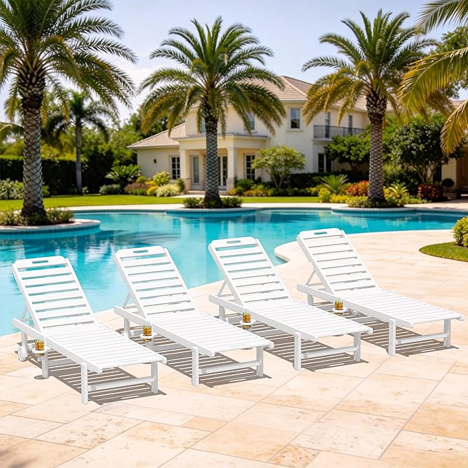 SERWALL Patio Chaise Lounge Chair Set of 4, HDPE Outdoor Lounge Chair with Cup Holder, 5 Positions Adjustable Pool Lounger with Rolling Wheels for Poolside, Deck, Sunbathing, White