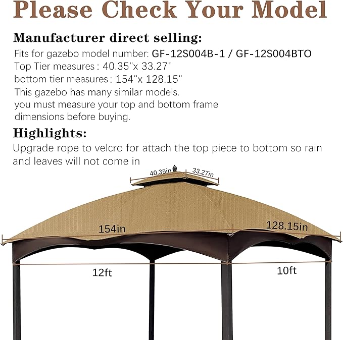 SCOCANOPY Beige Ripstop Replacement Top for Lowe's Allen Roth 10X12 Gazebo Model #GF-12S004B-1/ GF-12S004BTO