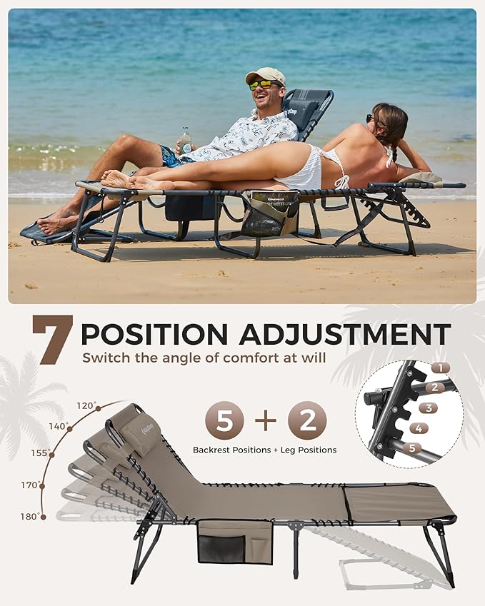 KingCamp 2 Pack Tanning Chair with Face Hole, Lounge Chairs Outdoor Folding Comfy Adjustable 5-Position Lay Flat Foldable Chaise Chaser Lounger for Outside Beach Patio Sun Bathing Pool, Beige