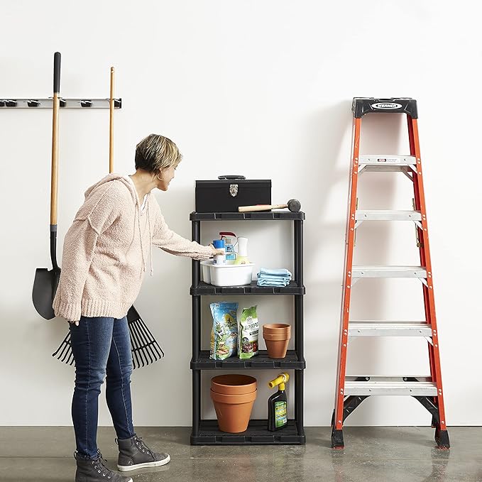 Gracious Living 4 Pack Light Duty Storage Shelves, Knect-A-Shelf 4-Shelf Ventilated Shelving Rack Organizer for Home, Garage, Basement & Laundry, Black