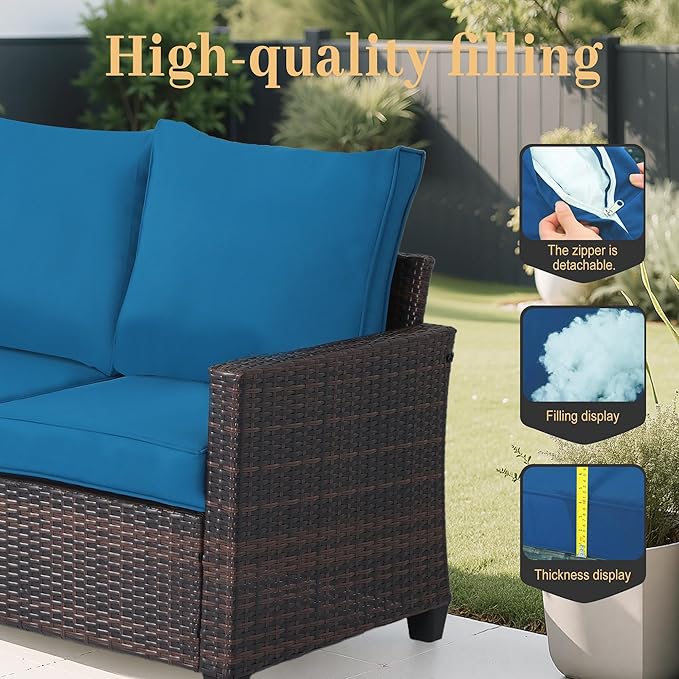 Rattan Outdoor Sofa 3-Seater - PE Woven Patio Couch with Waterproof Blue Cushions, Heavy-Duty Steel Frame for Garden, Poolside Outdoor Wicker Furniture
