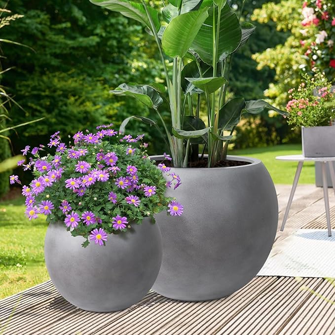 13.5 H x 17" Dia (12" Pot Opening) Round Fiberstone Planter with Drainage Hole, Gray, Indoor/Outdoor Large Plant Pot for Home Patio Garden, Ideal for Large Plants