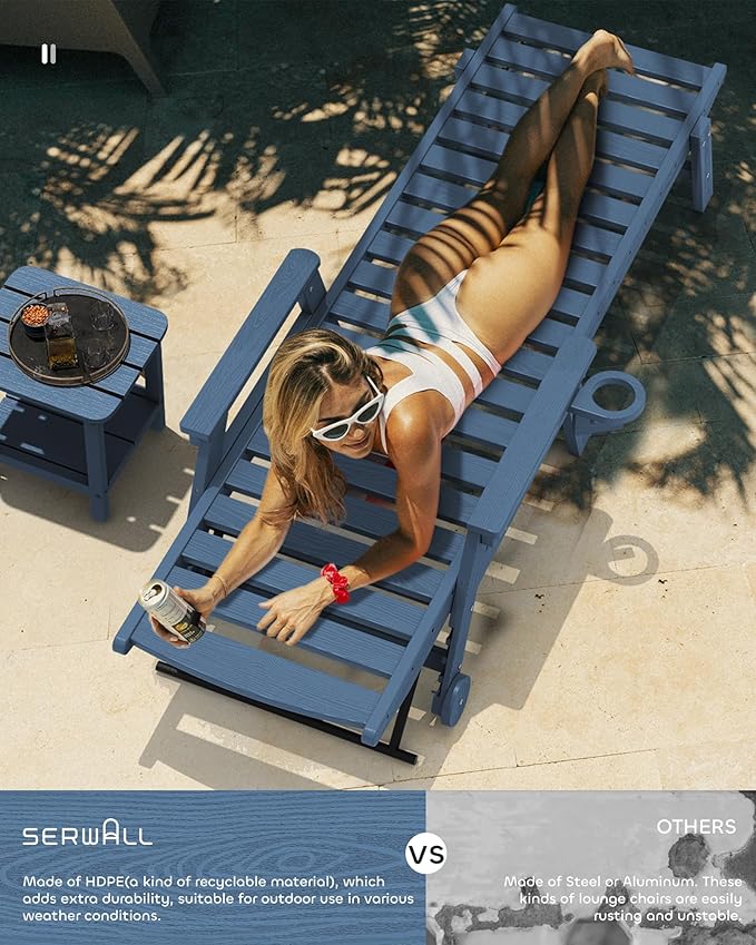 SERWALL Patio Chaise Lounge Chair Set of 2 with 9FT Patio Umbrella, 78'' HDPE Outdoor Lounger, Poly Lounge Chair with Rolling Wheels & Cup Holder for Pool,Blue (Umbreall Base not Included)