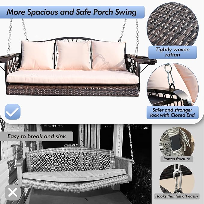 Wicker Porch Swing Heavy Duty 900 LBS 3-Seat Outdoor Patio Swing Chair with Cushions & 8.9ft Chains Outdoor Hanging Bench with Upgraded Cup Holders for Garden Deck Backyard