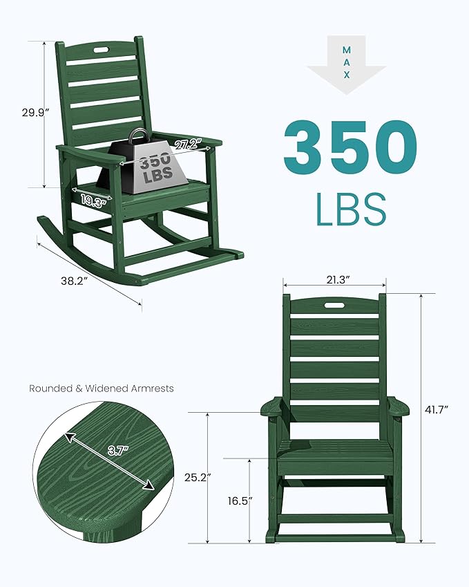 SERWALL Outdoor Rocking Chair Set of 2, Oversized Rocking Chair with Footboard for Adults, HDPE All Weather Resistant Rocking Chairs for Patio, 350lbs Weight Capacity,Green