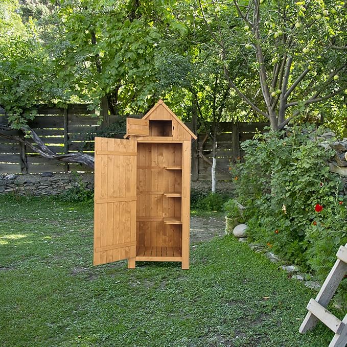 Outvita Outdoor Storage Cabinet, 70in Wooden Vertical Garden Tools Shed, Patio Storage Organizer with Latch & Waterproof Roof for Yard Deck Lawn Farmland Equipment(Natural)