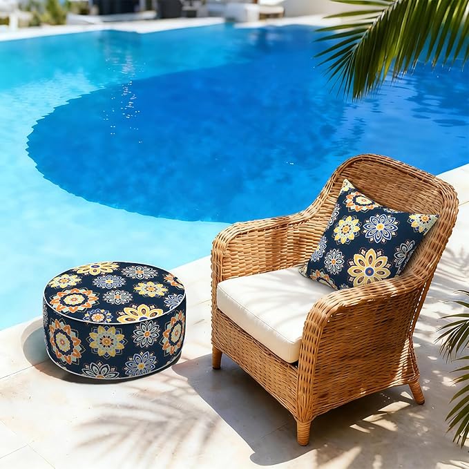 LVTXIII Inflatable Stool Ottoman Footrest with Handle, Decorative Fade-Resistant Foot Stool, Indoor or Outdoor Pouf for Home Garden and Camping Use, D21 x W 21 x H9, Bloom Medallion‌ Cobalt