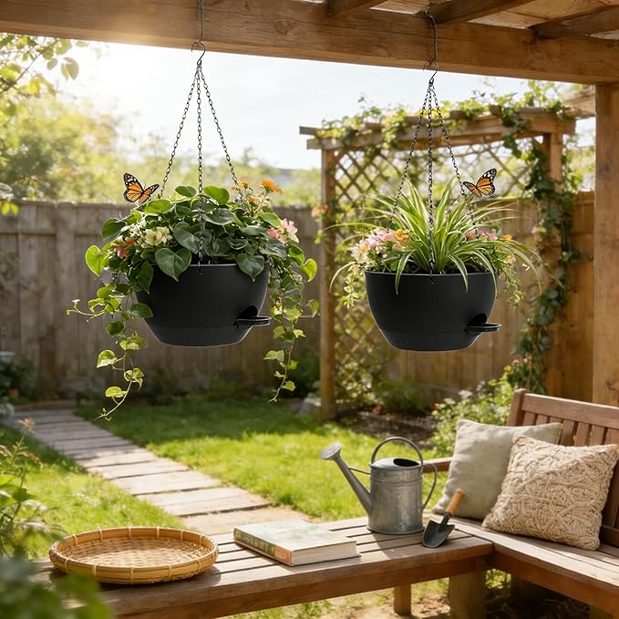 13 Inch 2 Pack Large Self Watering Hanging Planters for Indoor Outdoor Plants, Hanging Plant Pots with Removable 50 Oz Reservoir, Plastic Hanging Basket for Window Porch Garden Balcony, Black