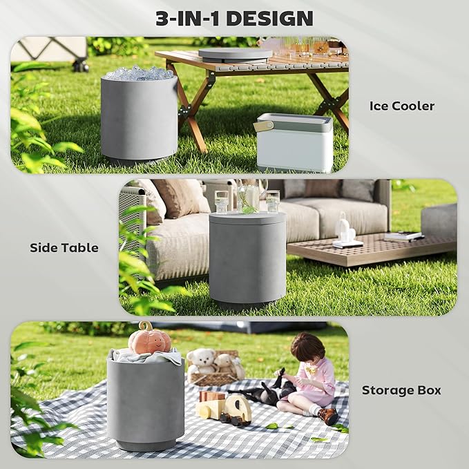 HOMCOM 2.6 Gal Outdoor Cooler Side Table, 3-in-1 Cool Coffee Table with Storage, Removable Ice Bucket and Lid, Concrete Small Patio Table for Party, Poolside, Deck, Gray