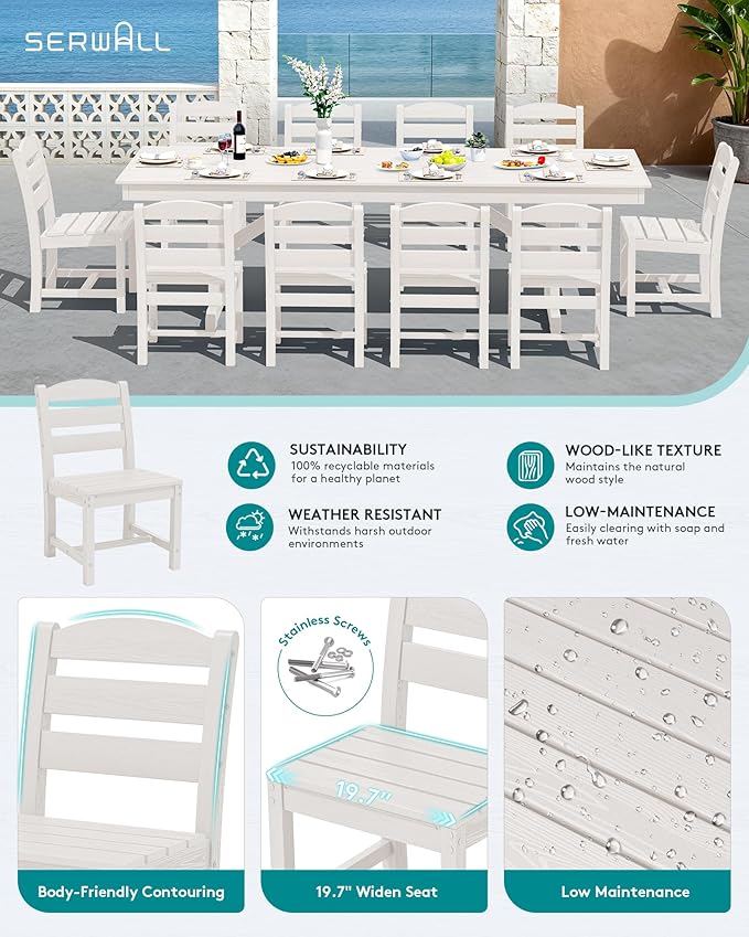 SERWALL 11 Piece Outdoor Dining Set, 84" HDPE Outdoor Table and Chairs for 10，All Weather Patio Furniture Set with Umbrella Hole for Backyard, Garden, White