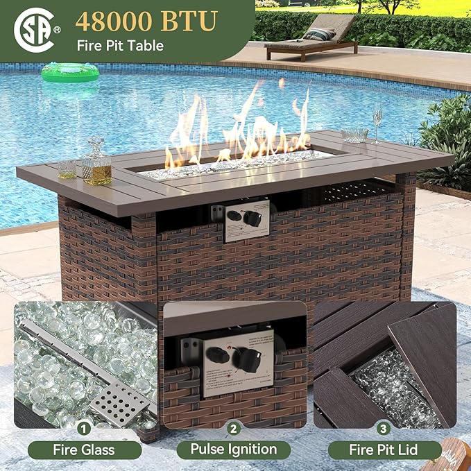 Aoxun 7 Piece Patio Furniture Set with Wide Armrests & 44” Fire Pit Table Wicker Rattan Outdoor Sectional Sofa Set with Coffee Table and Thickened Cushions, Brown/Beige(Waterproof Cover Included)