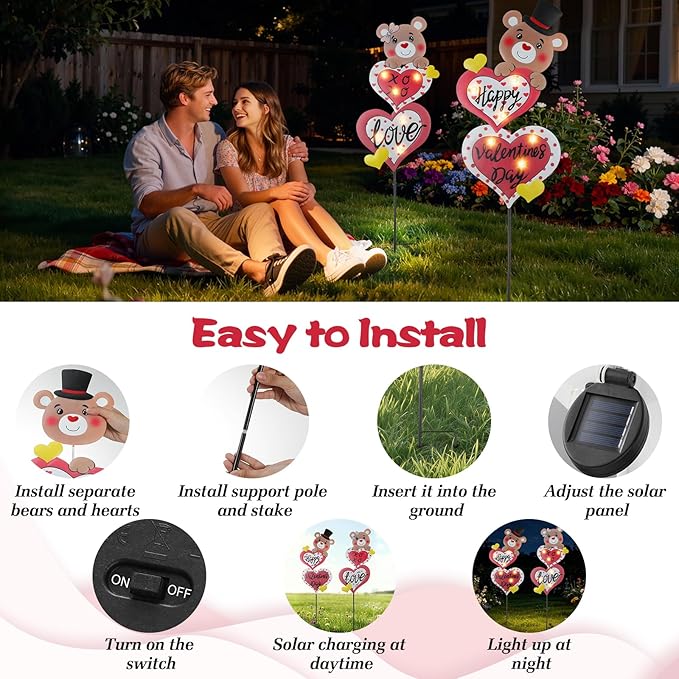 Lewondr 2 Pcs Valentine's Day Decorations Outdoor, Metal Solar Pathway Lights, Love Bear Decorative Garden Stakes Lights with 12 LED Beads, Waterproof Yard Signs for Porch Lawn Wedding Anniversary