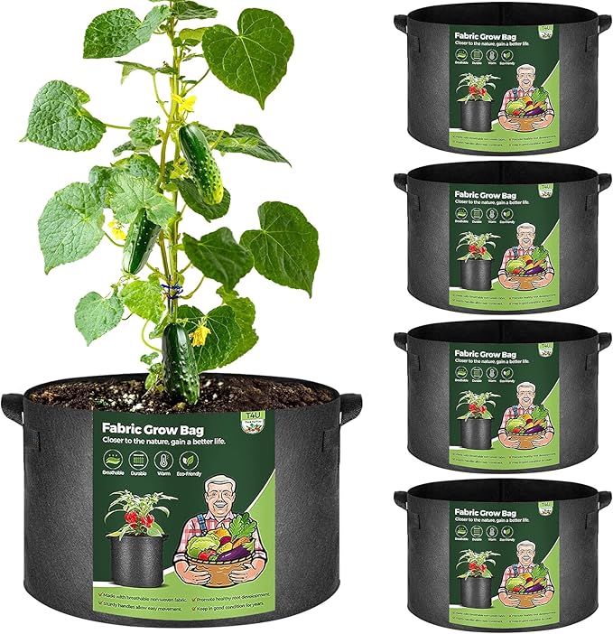 T4U Fabric Plant Grow Bags with Handle 15 Gallon Pack of 5, Heavy Duty Nonwoven Smart Garden Pot Thickened Aeration Nursery Container Black for Outdoor Potato, Tomato, Chili, Carrot and Vegetables