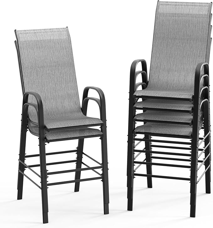 VINGLI Set of 6 Stackable Outdoor Bar Stools – Sling Chairs with High Back & Armrests, for Lawn, Garden, Bar, Grey