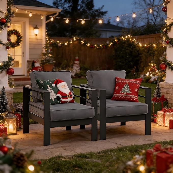 Kiss the Water Outdoor Patio Metal Furniture Chair, 2 PCS All-Weather Aluminum Outdoor Sofa with 5" Thick Soft Cushion and Wide Arm, Deep Seating Patio Couch for Balcony, Porch, Backyard