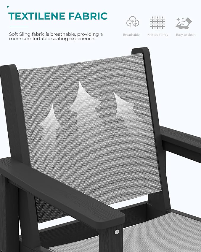 SERWALL Textilene Adirondack Bar Chairs Set of 2, Tall Adirondack Bar Height Chairs, Sling Balcony Adirondack Chairs, Weather Resistance Resin Outdoor Bar Height Stools, Black