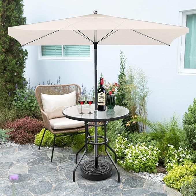 VINGLI Round Patio Table with Umbrella Hole, 32" Outdoor Dining Table Steel Tempered Glass Patio Tables Round Outdoor Tables for Balcony Garden Deck