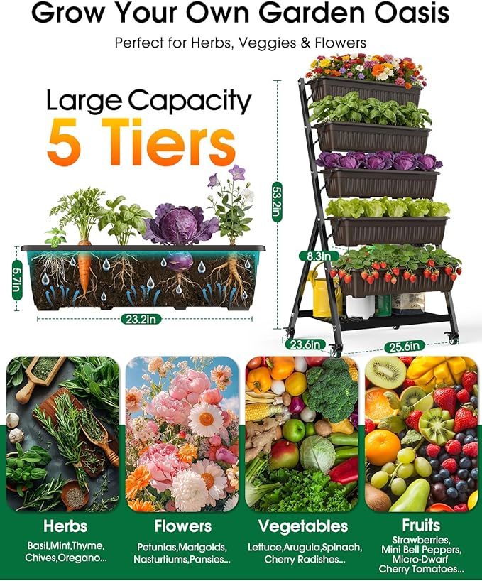 5-Tier Vertical Garden Bed Planter Boxes with Wheels, Drainage System & Storage Space, Mobile Vertical Garden Planter with 5 S-Hooks for Plants Vegetables Flowers Herbs in Garden Patio Yard
