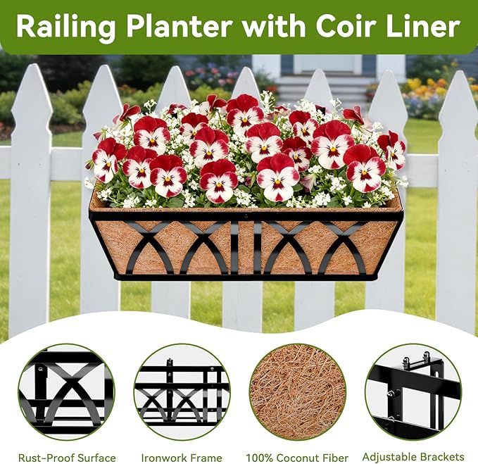 Halatool 2 Pack Heavy-Duty Metal Deck Railing Planter Box, 24 Inch Rust-Resistant Rectangular Window Boxes Planters with Coco Liner & Adjustable Brackets, Grow More On Your Balcony, Patio & Fence