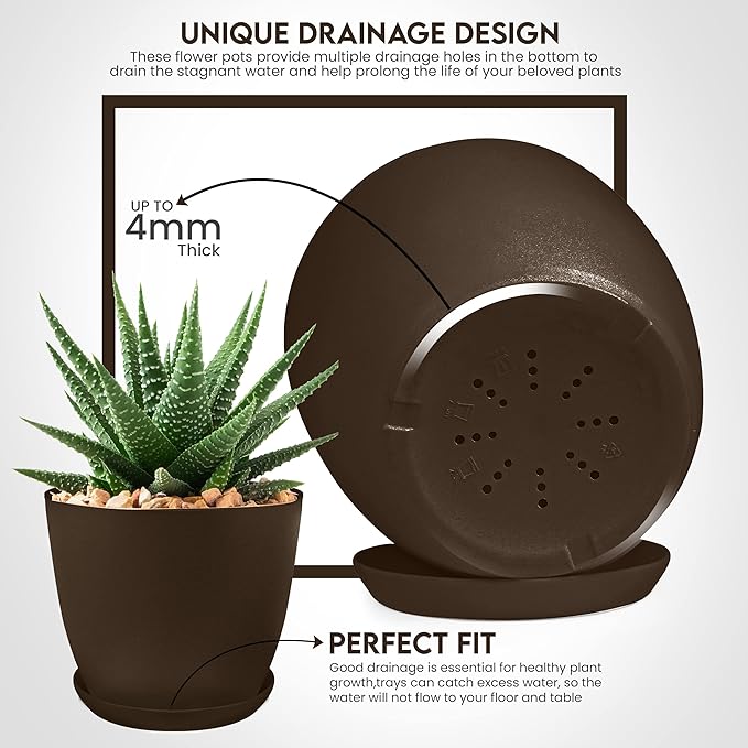 Utopia Home - Plant Pots Indoor with Drainage - 7/6.6/6/5.3/4.8 Inches Garden Flower Pots for Indoor Planter - 5 Pack Brown Plastic Planters - Ideal for Stocking Stuffers or Room, Office Home Decor