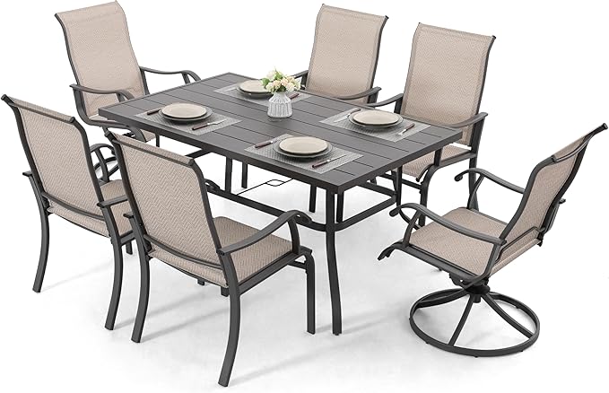 NUU GARDEN 7-Piece Outdoor Dining Table Set, All Weather Table with Umbrella Hole & 6 Patio Textilene Chairs - Outdoor Furniture for Porch, Backyard, Garden, Poolside and Deck