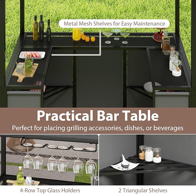 Tangkula 3 Piece Patio Bar Set, Grill Gazebo & 2 Foldable Bar Stools with Awning, Metal Storage Shelves, Glass Holders, Double-Tier Outdoor Shelter for Patio Poolside Garden Backyard (Gray)