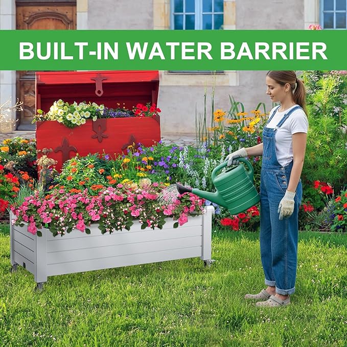 Raised Garden Bed with Wheels, 21 Gallon Self-Watering Outdoor Raised Planter Box with Drainage Plug & Gauge for Vegetables Flowers Herbs, Rustproof Resin for Backyard Patio Porch (Ashen)