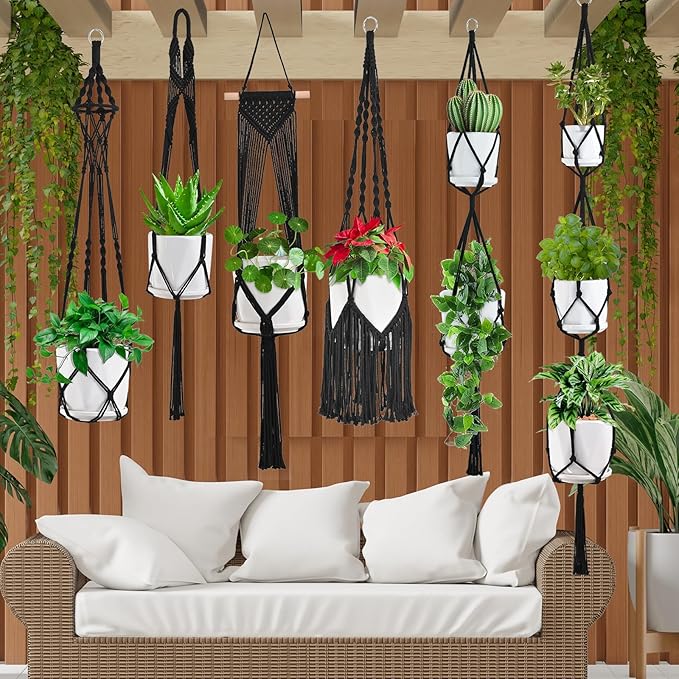 Macrame Plant Hangers, 6Pack Hanging Plant Holders Indoor w/ 6 Set Hooks Handmade Cotton Rope Plant Hangers Set Flower Pots Holder Stand Boho Home Decor Hanging Planters for Indoor Outdoor Plants