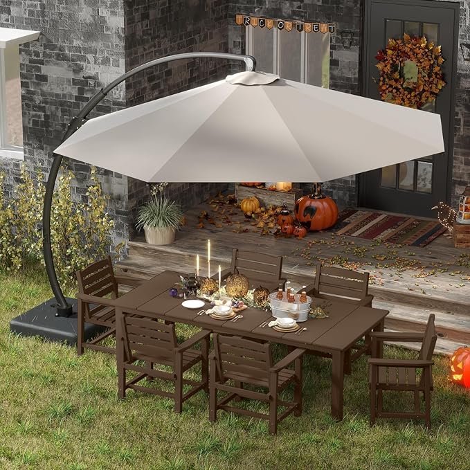 5-Piece Brown Outdoor Dining Set for 4, 75.2'' HDPE Table with Umbrella Hole & Chairs, Weather-Resistant Patio Furniture for Garden, Lawn, or Poolside