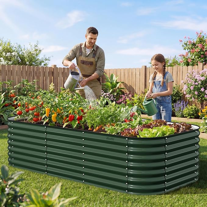 Kesfitt Raised Garden Bed Outdoor, Galvanized Steel Metal Raised Bed Planter for Vegetables & Garden, 24-Inch Deep Open Bottom Backyard Bed 8x4x2 ft, Forest Green