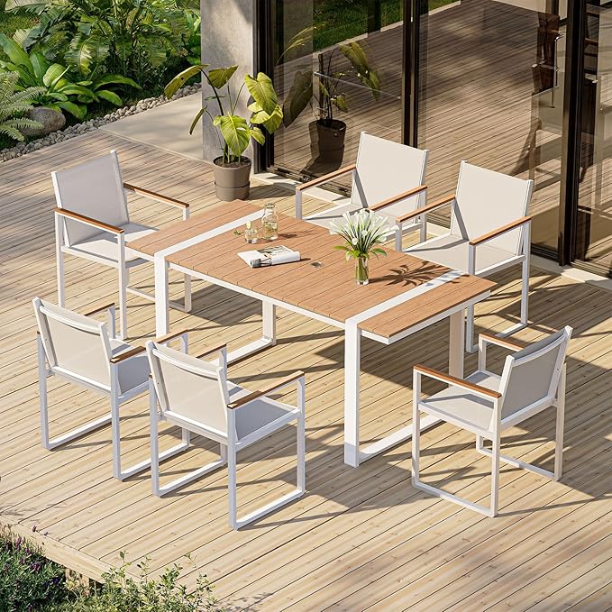 Outdoor Dining Table for 6, HDPS+ Aluminum Patio Dning Table with U-Shape Leg, Size: 67.4"*32.3"*29.6",Modern Rectangular Table for Lawn, Garden (White-Teak)