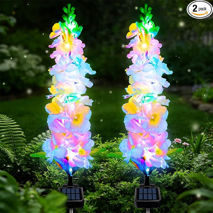 Solar Garden Lights, Delphinium Flowers 2 Pack 40 LEDs, Waterproof Outdoor Lights Two Lighting Modes for Wedding Party Garden Yard Patio Lawn Decor and Gift for Mother