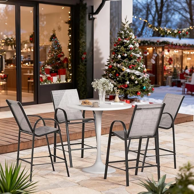 HOMREST Outdoor Bar Height Stools Set of 4,High Back Patio Chairs with Armrests,Textilene Chairs with Breathable Fabric & Metal Frame for All Weather,Light Grey
