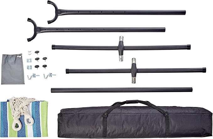 Amazon Basics Double Hammock with 9-Foot Space Saving Steel Stand and Carrying Case, 2 Person, 450 lb Capacity, Cotton Polyester, Oasis Stripe, 110" x 47" x 43"