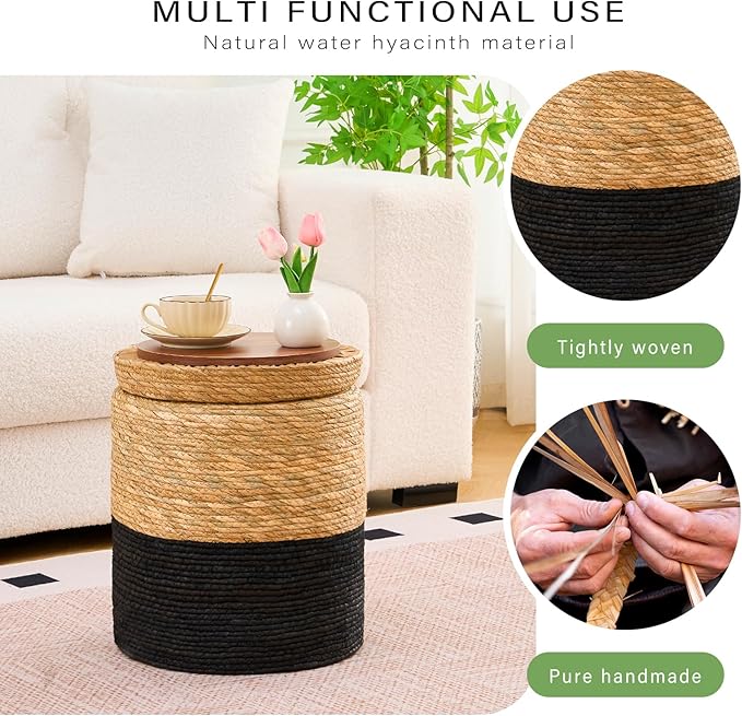 Wimarsbon Round Pouf Ottomans, Handwoven Natural Water Hyacinth Seagrass Pouffe,Outdoor Rattan Stool Accent Seat, Bohemian Coastal Home Decor (Storage -14inch Natural Cattail & Black Corn Shell)