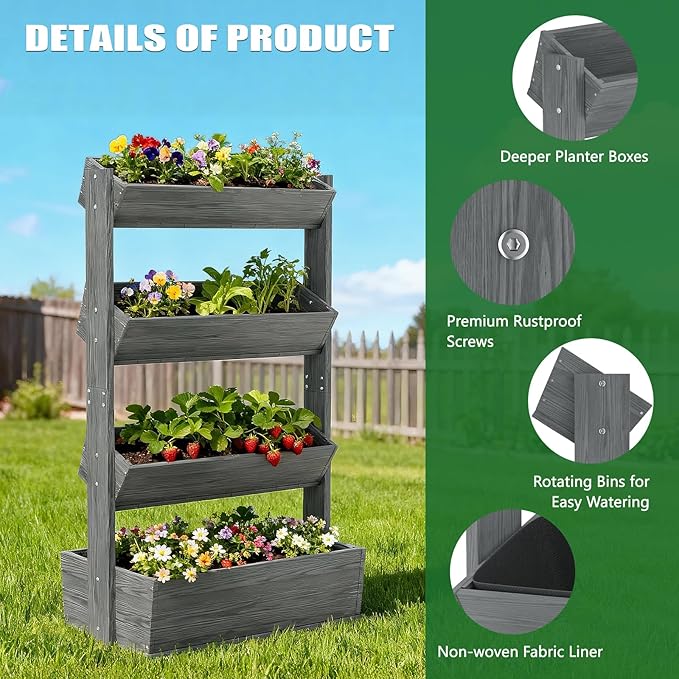 Wooden Vertical Raised Garden Bed, 4 Tier Garden Planters Raised Beds Freestanding Plant Stand Flower Rack Wooden Planter Box for Plants Herbs Flowers Vegetables Outdoor Indoor Gardening