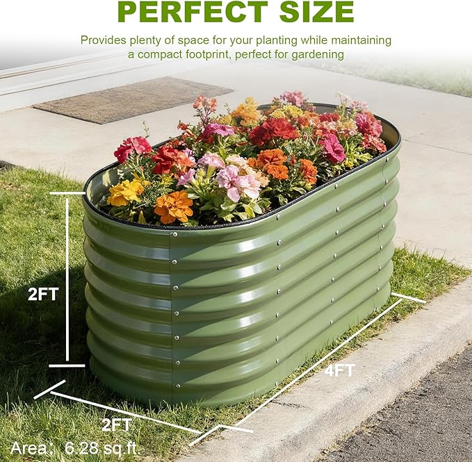 24" Tall Galvanized Raised Garden Bed Outdoor, 4x2x2ft Deep Metal Planter Box with Safety Edging & Support Bars, Large Oval Raised Beds for Gardening Plants Vegetables Herbs Flowers (Olive Green)
