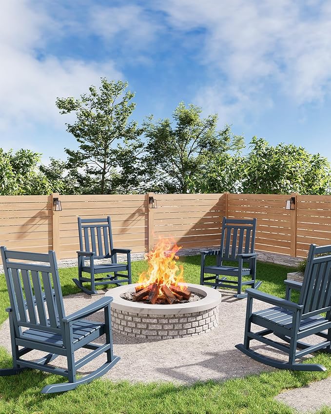 GarveeLife Poly Lumber Rocking Chair Outdoor Set of 4 - HDPE High Back Porch Rocker Chairs for Adults - All Weather Resistant Furniture for Patio - Navy Blue
