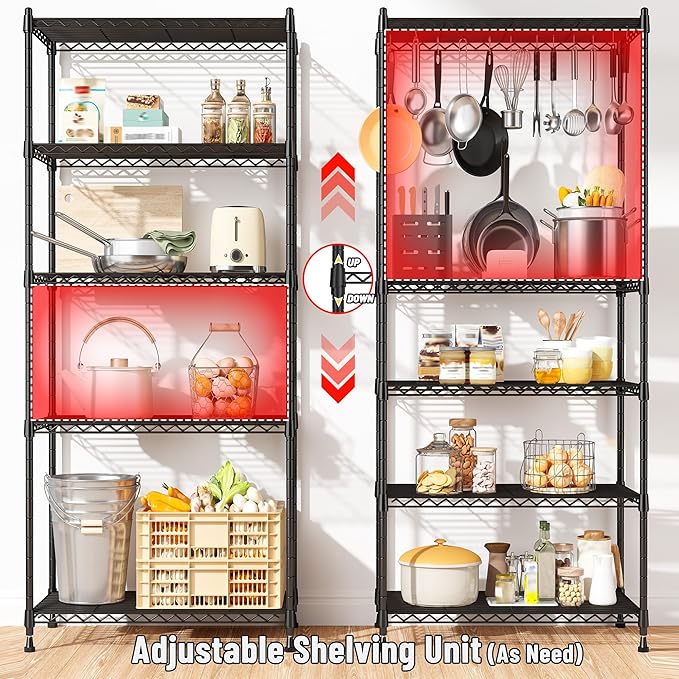 5-Tier Shelf 1010LBS Storage Shelves Adjustable Wire Shelving Metal Shelving Unit Storage Rack for Kitchen Pantry Closet Laundry School Commercial 59.4" Hx21.5 W x13.6 D