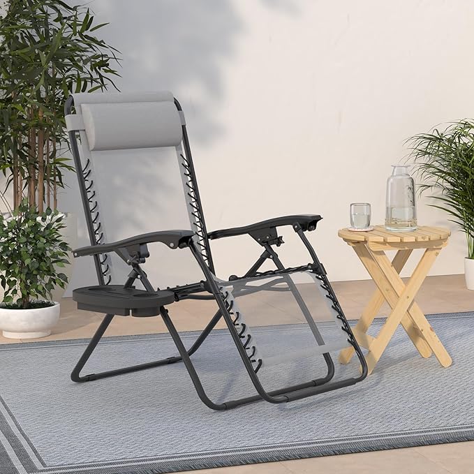 Best Choice Products Set of 2 Adjustable Steel Mesh Zero Gravity Lounge Chair Recliners w/Pillows and Cup Holder Trays - Ice Gray