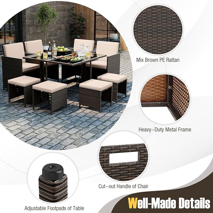 Tangkula 9 Piece Patio Dining Set, Rattan Chairs with Tempered Glass Table & Ottoman, Space Saving Wicker Sectional Conversation Set with Removable Cushions, Outdoor Furniture for Backyard Garden Deck
