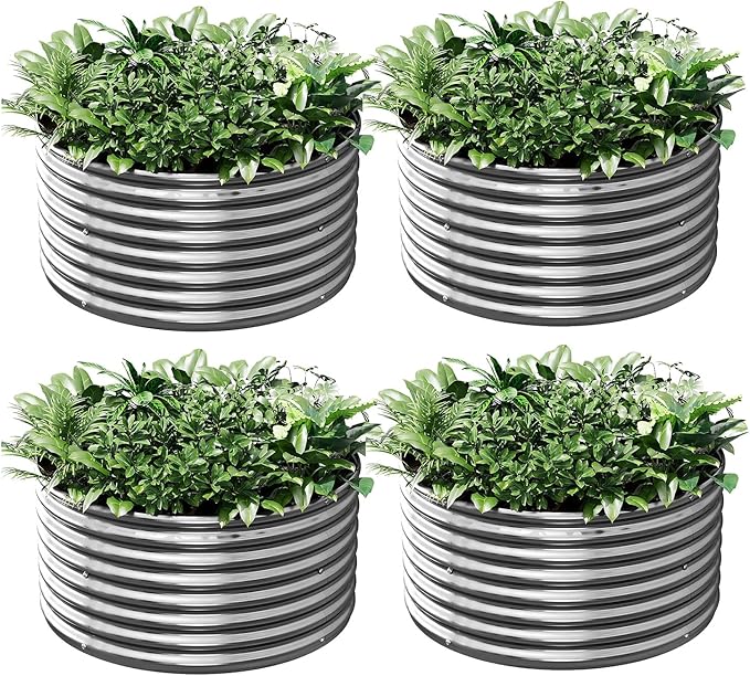 4 Pack 3x3FT Round Corrugated Galvanized Steel Raised Garden Bed Outdoor, Metal Above Ground Garden Bed for Vegetables and Flowers, Raised Beds for Gardening-3x3FTx10Inch