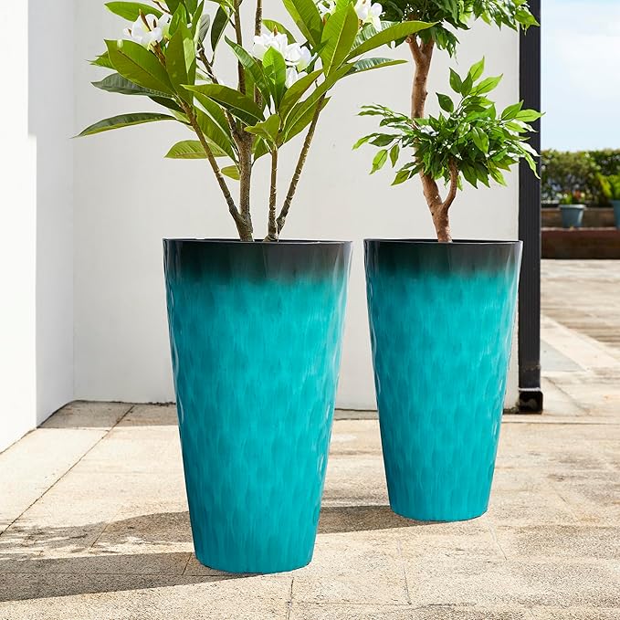 Glitzhome 23.75" H Oversized Tall Planter, Set of 2 Wavy Texture Turquoise Large Planters for Outdoor Plants, with Drainage Hole, Plastic Large Flower Pots for Porch,Garden, Patio or Indoor Use