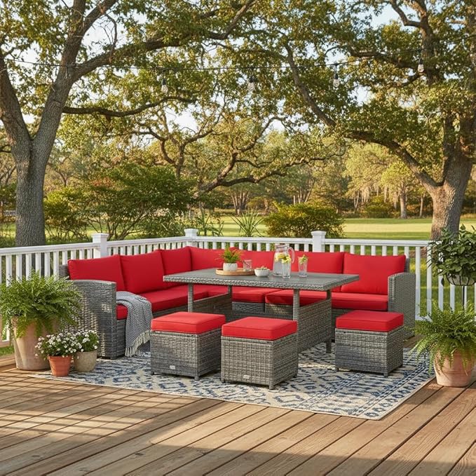 Tangkula 7 Pieces Patio Furniture Set, Outdoor Sectional Rattan Sofa Set with Cushions, All Weather Wicker Conversation Couch Set w/Dining Table & Ottomans for Backyard Garden Poolside