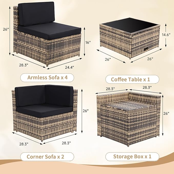 8-Piece Patio Furniture Set, Outdoor Wicker Rattan Sectional with Thick Cushions, Glass Top Table with Hidden Storage, Outdoor Conversation Set for Backyard, Porch, Patio, Black