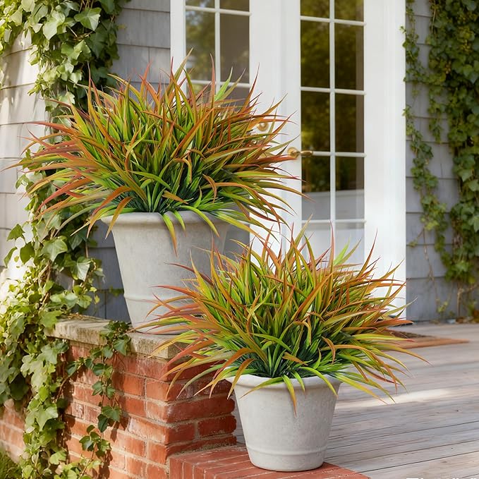 Ivydale 12Pcs Artificial Plants Outdoor Fake Plastic Grass Spring Decor UV Resistant Faux Greenery Stems Bushes Outside Fake Plants for Planters Patio Porch Window Box Pathway Garden Home Decor Yellow