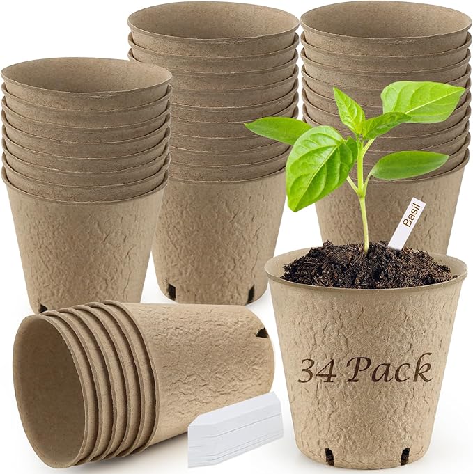 REMIAWY Peat Pots, 34 Pack 3.15 Inch Biodegradable Planting Peat Pots for Seedlings, Garden Plant Seed Starter with Drainage Holes Seed Starting for Organic Vegetable Flower, Bonus 34 Plant Labels